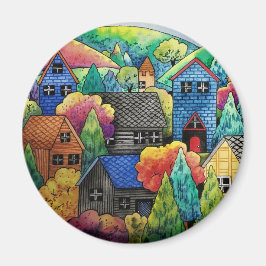 Waterverf heuveldorp met kleurrijke huizen magneet