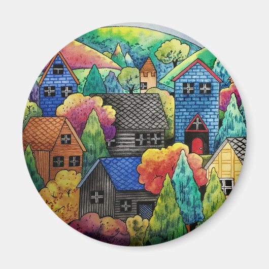 Waterverf heuveldorp met kleurrijke huizen magneet (Voorkant)