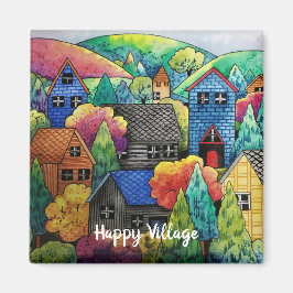 Waterverf heuveldorp met kleurrijke huizen magneet