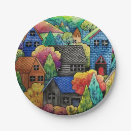 Waterverf heuveldorp met kleurrijke huizen papieren bordje