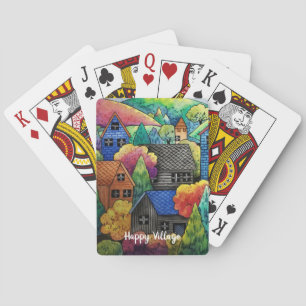 Waterverf heuveldorp met kleurrijke huizen pokerkaarten