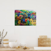 Waterverf heuveldorp met kleurrijke huizen poster (Keuken)