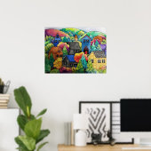 Waterverf heuveldorp met kleurrijke huizen poster (Thuiskantoor)