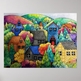 Waterverf heuveldorp met kleurrijke huizen poster