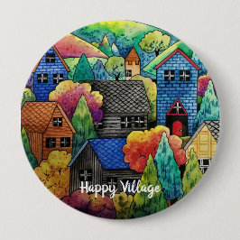Waterverf heuveldorp met kleurrijke huizen ronde button 4,0 cm
