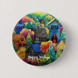 Waterverf heuveldorp met kleurrijke huizen ronde button 5,7 cm