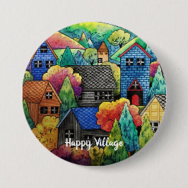 Waterverf heuveldorp met kleurrijke huizen ronde button 7,6 cm