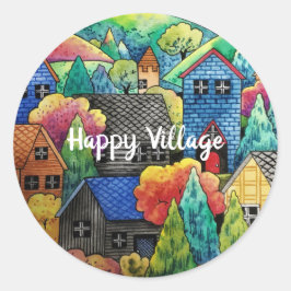 Waterverf heuveldorp met kleurrijke huizen ronde sticker
