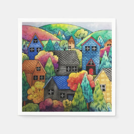 Waterverf heuveldorp met kleurrijke huizen servet
