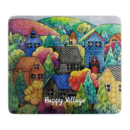 Waterverf heuveldorp met kleurrijke huizen snijplank