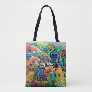 Waterverf heuveldorp met kleurrijke huizen tote bag