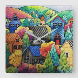 Waterverf heuveldorp met kleurrijke huizen vierkante klok