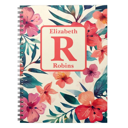 Waterverf hibiscus bloemen gepersonaliseerd op maa notitieboek (Voorkant)