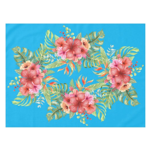 Waterverf Hibiscus Bloemen op Blauw Tafelkleed (Voorkant (Horizontaal))