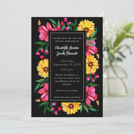 Waterverf Hibiscus & Dahlias Virtual Wedding Kaart (Staand voorkant)