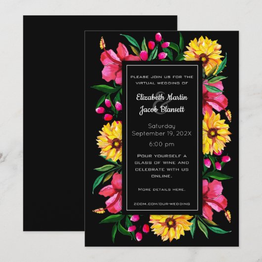 Waterverf Hibiscus & Dahlias Virtual Wedding Kaart (Voorkant / Achterkant)