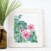 Waterverf Hibiscus en Monstera Leaves
