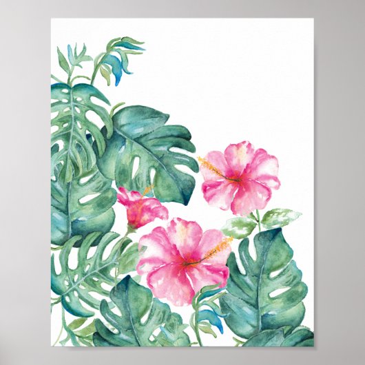 Waterverf Hibiscus en Monstera Leaves Poster (Voorkant)