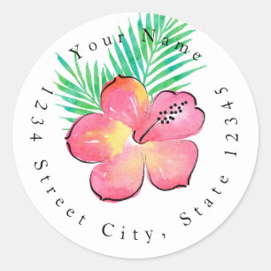 Waterverf Hibiscus en Palm Fronds Labels