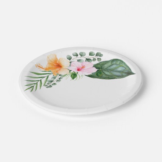 Waterverf Hibiscus en tropisch gebladerte Papieren Bordje (Gekanteld)