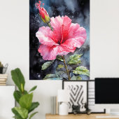 Waterverf Hibiscus Floral Illustrative Print (Thuiskantoor)