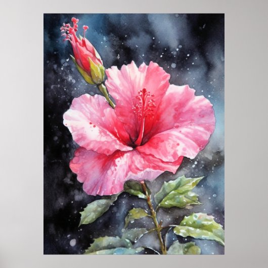 Waterverf Hibiscus Floral Illustrative Print (Voorkant)