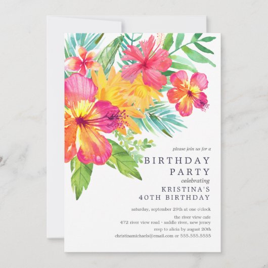 Waterverf Hibiscus Floral Tropical Birthday Party Kaart (Voorkant)