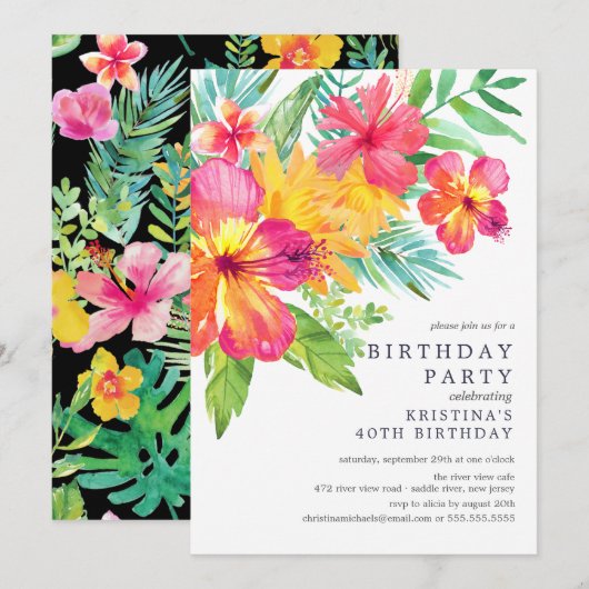 Waterverf Hibiscus Floral Tropical Birthday Party Kaart (Voorkant / Achterkant)