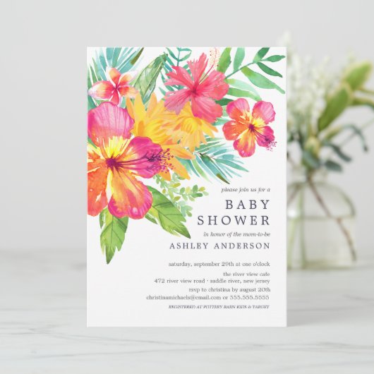 Waterverf Hibiscus Flowers Tropisch Baby shower Kaart (Staand voorkant)