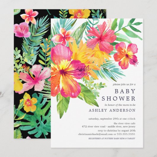 Waterverf Hibiscus Flowers Tropisch Baby shower Kaart (Voorkant / Achterkant)