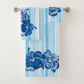 Waterverf Hibiscus Hawaiian Stripe - Blauw Bad Handdoek (Insitu)