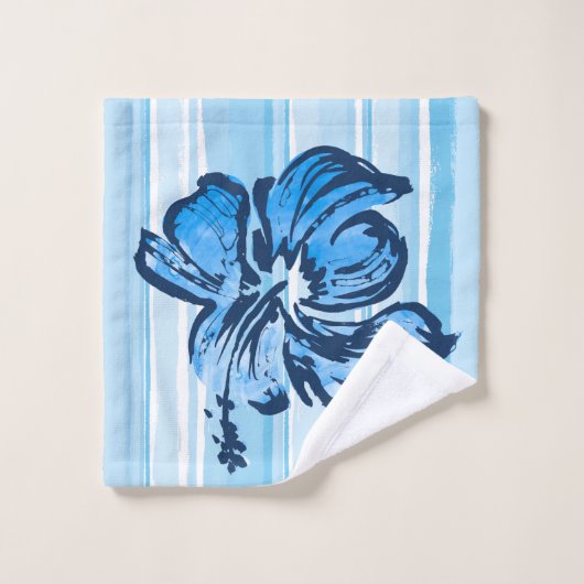 Waterverf Hibiscus Hawaiian Stripe - Blauw Bad Handdoek (Wasdoekje)
