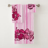 Waterverf Hibiscus Hawaiian Stripe - Roze Bad Handdoek (Insitu)