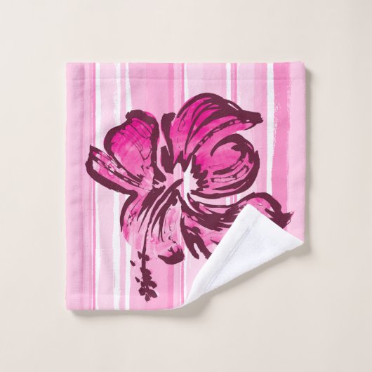 Waterverf Hibiscus Hawaiian Stripe - Roze Bad Handdoek (Wasdoekje)