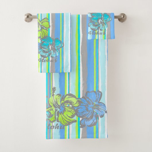 Waterverf Hibiscus Hawaiian Stripe-Turquoise Bad Handdoek (Insitu)