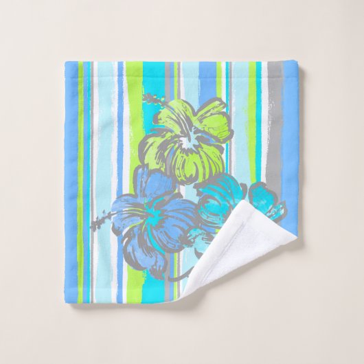 Waterverf Hibiscus Hawaiian Stripe-Turquoise Bad Handdoek (Wasdoekje)