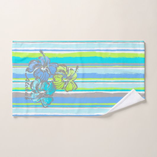 Waterverf Hibiscus Hawaiian Stripe-Turquoise Bad Handdoek (Handdoek)