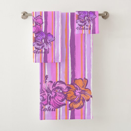 Waterverf Hibiscus Hawaiian Stripe-Violet Bad Handdoek (Insitu)