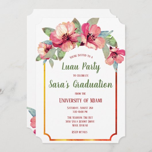 Waterverf Hibiscus Luau Afstudeerfeest Uitnodiging (Voorkant / Achterkant)