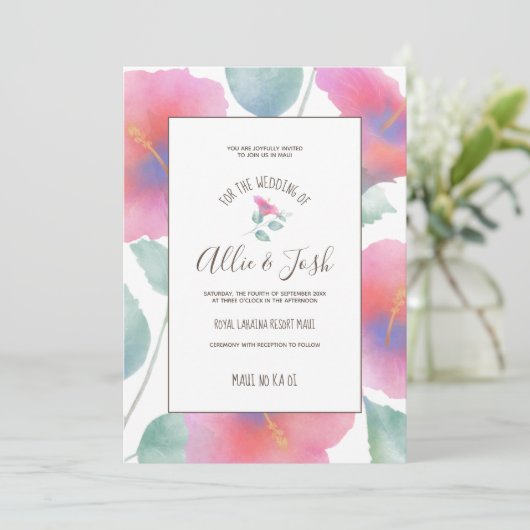 Waterverf Hibiscus Maui Wedding Kaart (Staand voorkant)