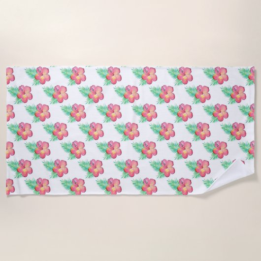 Waterverf Hibiscus Palm Fronds Pattern Strandlaken (Voorkant)