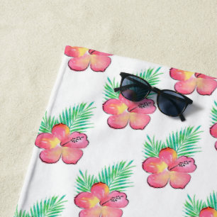 Waterverf Hibiscus Palm Fronds Pattern Strandlaken