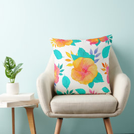 Waterverf Hibiscus Pattern - Tropische Bloemen Kussen