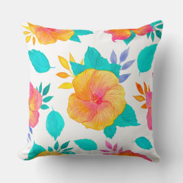 Waterverf Hibiscus Pattern - Tropische Bloemen Kussen
