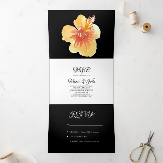 Waterverf Hibiscus Summer Tropical Yellow Oranje Drieluik Uitnodiging (Binnen)