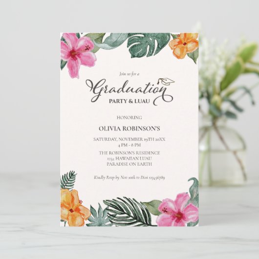 Waterverf Hibiscus Tropisch Afstuderen Kaart (Staand voorkant)