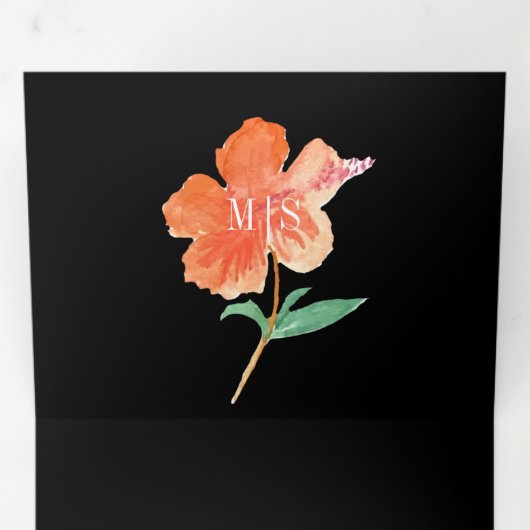 Waterverf Hibiscus Zomer Tropisch Sinaasappel Drieluik Uitnodiging (Binnenzijde eerst)