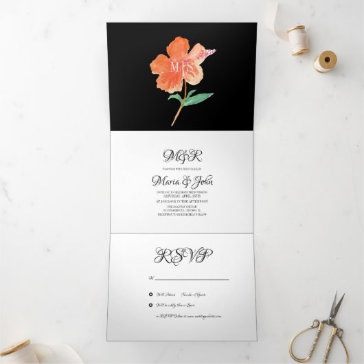 Waterverf Hibiscus Zomer Tropisch Sinaasappel Drieluik Uitnodiging (Binnen)