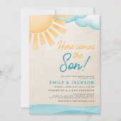 Waterverf Hier komt de Son Baby Boy Shower Kaart (Voorkant)