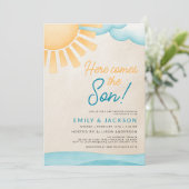 Waterverf Hier komt de Son Baby Boy Shower Kaart (Staand voorkant)